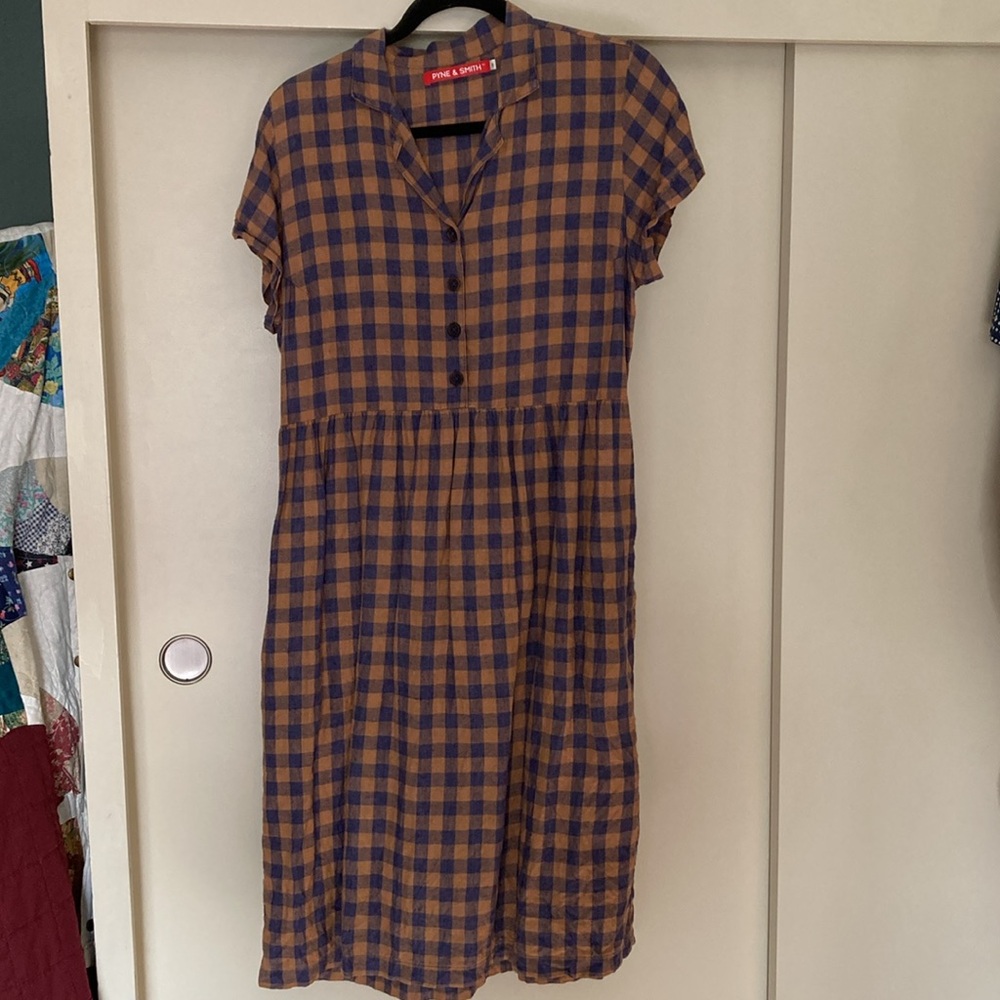 Pyne & Smith linen dress collared, plaid, sz M
